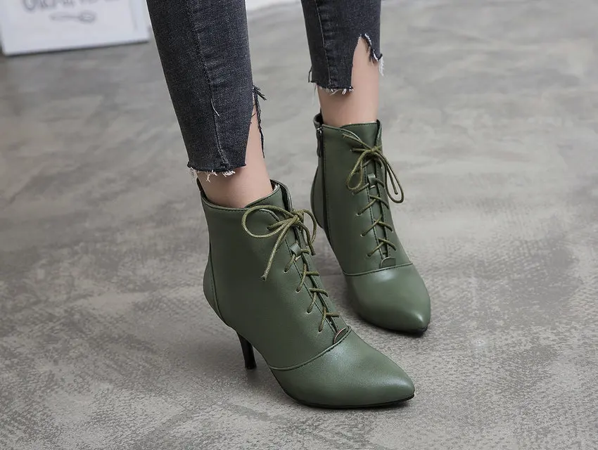QUTAA/ сексуальный острый носок со шнуровкой и застежкой-молнией; ботильоны в сдержанном стиле из искусственной кожи Обувь на теплом меху осень-зима универсальные женская обувь Size34-43