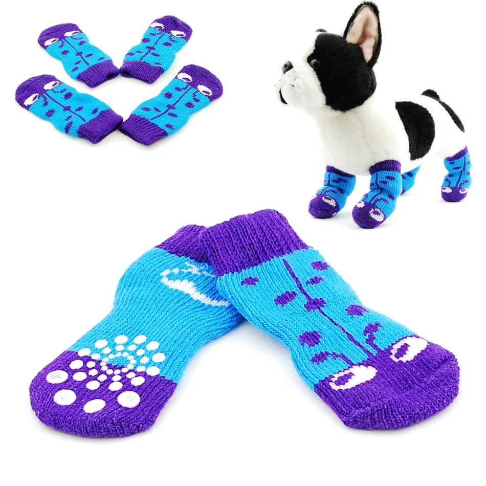 

4PCS Dog Socks Autumn Winter Cute Cartoon Anti Slip Paw Protector for Small Dogs Cats Pet Accessories Supplies