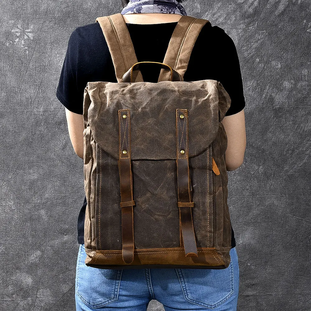

Men's large capacity backpack oil waxed canvas cowhide handmade vintage 17inch Laptop rucksack travel daypack mochila hombre
