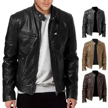

Retro Men Fashion Leather Jacket Solid Color Men Jacket Faux Leather Stand Collar Multi Pockets Motorcycle Windbreaker Outerwear