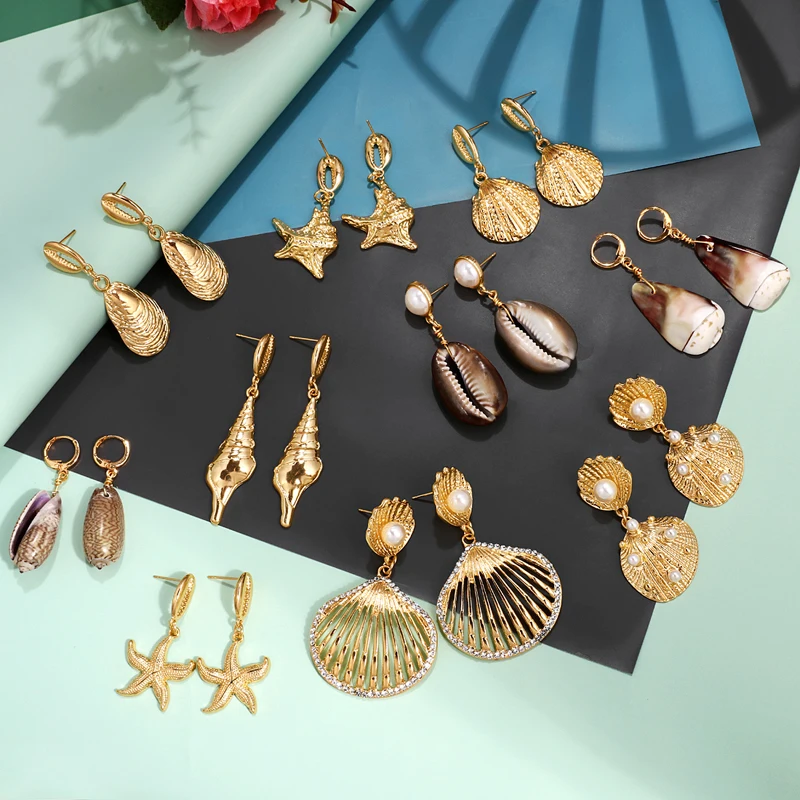 

New Exaggerated Cowrie Shell Earrings Women Gold Color Geometric Irregular Starfish Conch Statement Brincos 2019 Fashion Jewelry