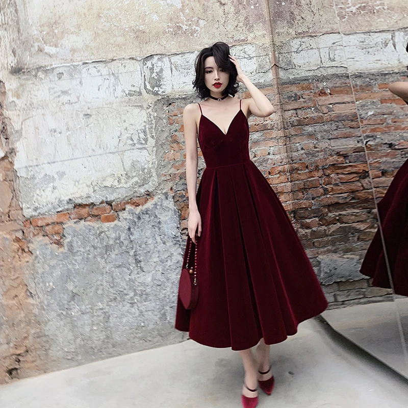 

New Backless Wine red V Neck Slim Middle Length VELOUR Evening Dresses Party Gown Vestido De Festa Prom Gowns