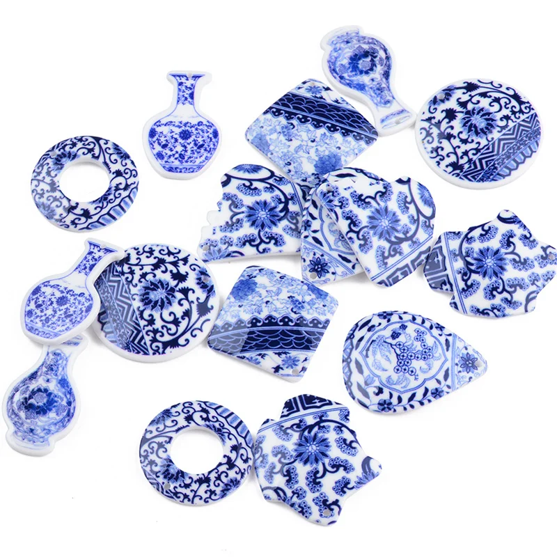 

50PC Chinese Style Blue and White Porcelain Pattern Hand Made Earrings Connectors DIY Pendant Jewelry Findings Components Charms