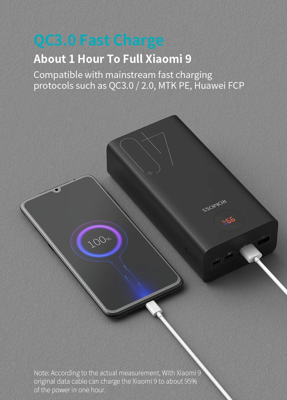 ROMOSS Zeus 40000mAh Power Bank 18W PD QC 3.0 Two-way Fast Charging Powerbank Type-C External Battery Charger For iPhone Xiaomi