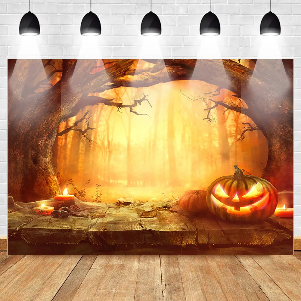 

Neoback Pumpkin Lantern Halloween Photo Background Mysterious Golden Forest Backdrop Candles Funny Halloween Party Background