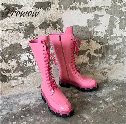 

Prowow New Patent Leather Lace Up Autumn Winter Boots Round Toe Low Heel Zip Side Runway Fashion Boots Shoes Women