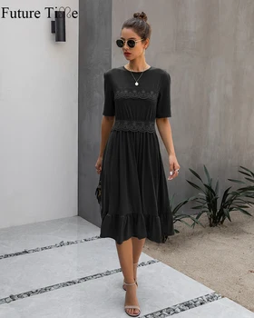 

Future Time Spring And Summer 2020 Fashion Patchwork Lace Round Neck Show Thin Women Dress Three Colors SP574