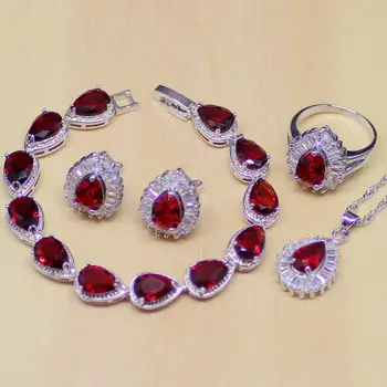 Water Drop Red Ruby White Topaz 925 Sterling Silver Jewelry Sets Women Stud Earrings/Pendant/Necklace/Ring/Bracelet Gift 1