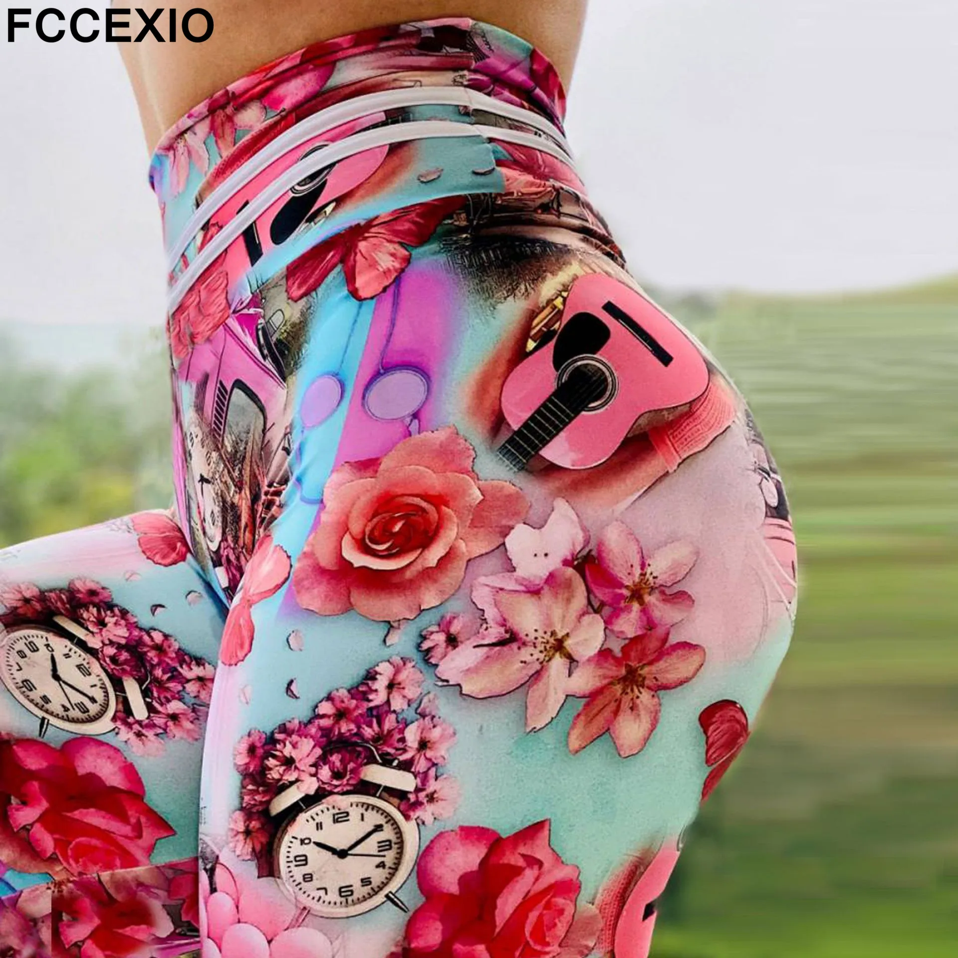 FCCEXIO 3D Print Women Leggings Pink Guitar Clock Tight Fitness Legins High Waist Long Pants Fashion Sexy Sporting Leggins lululemon align leggings