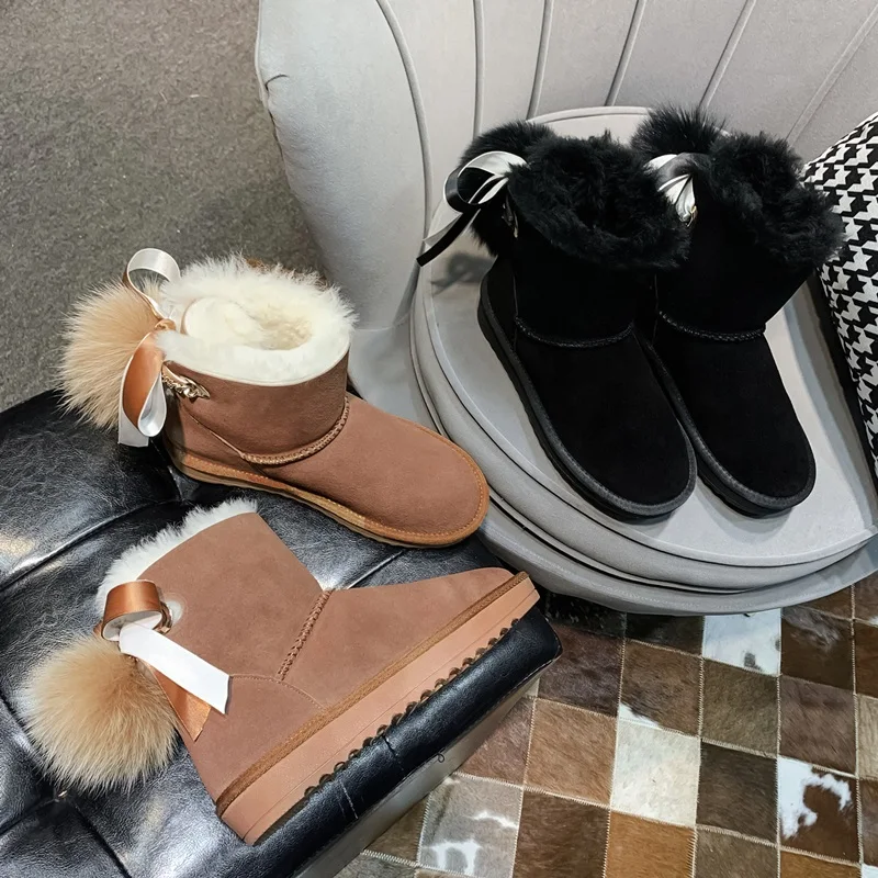 ZVQ; зимние кожаные сапоги; милые модные женские туфли на плоской подошве; женская обувь с украшением из кроличьего меха; цвет коричневый, черный; женская обувь