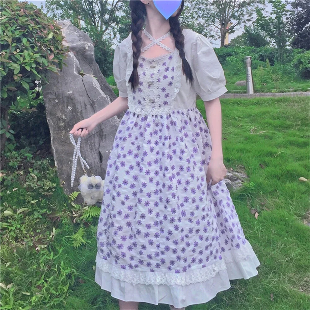 Japanese Sweet Kawaii Cute Lolita Style Women Dress Summer Soft Girly Square Collar Puff Sleeve Floral Printed Lady Dress Female