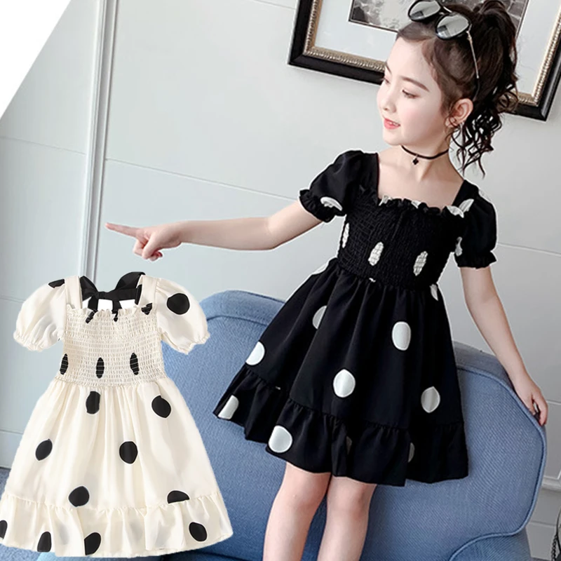 

2020 Summer Fashion Teenage Girl Dress Kids Chiffon White Black Ruffles Polka Dot Dresses For Girls Baby Girl Dress Clothing