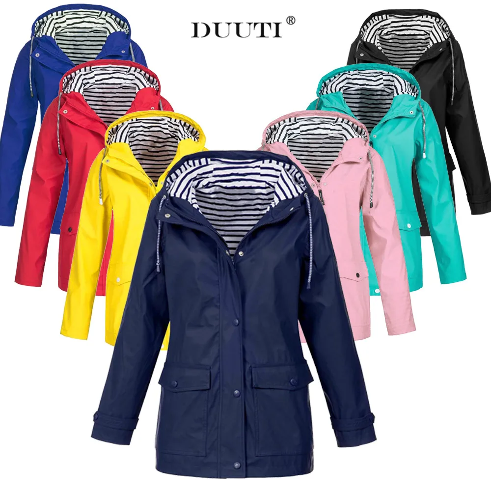 

S-5XL Plus Size Solid Color Outdoor Jackets Hooded Raincoats Wind Jacket Waterproof Rain Jacket Long Coats Women Windbreaker D25