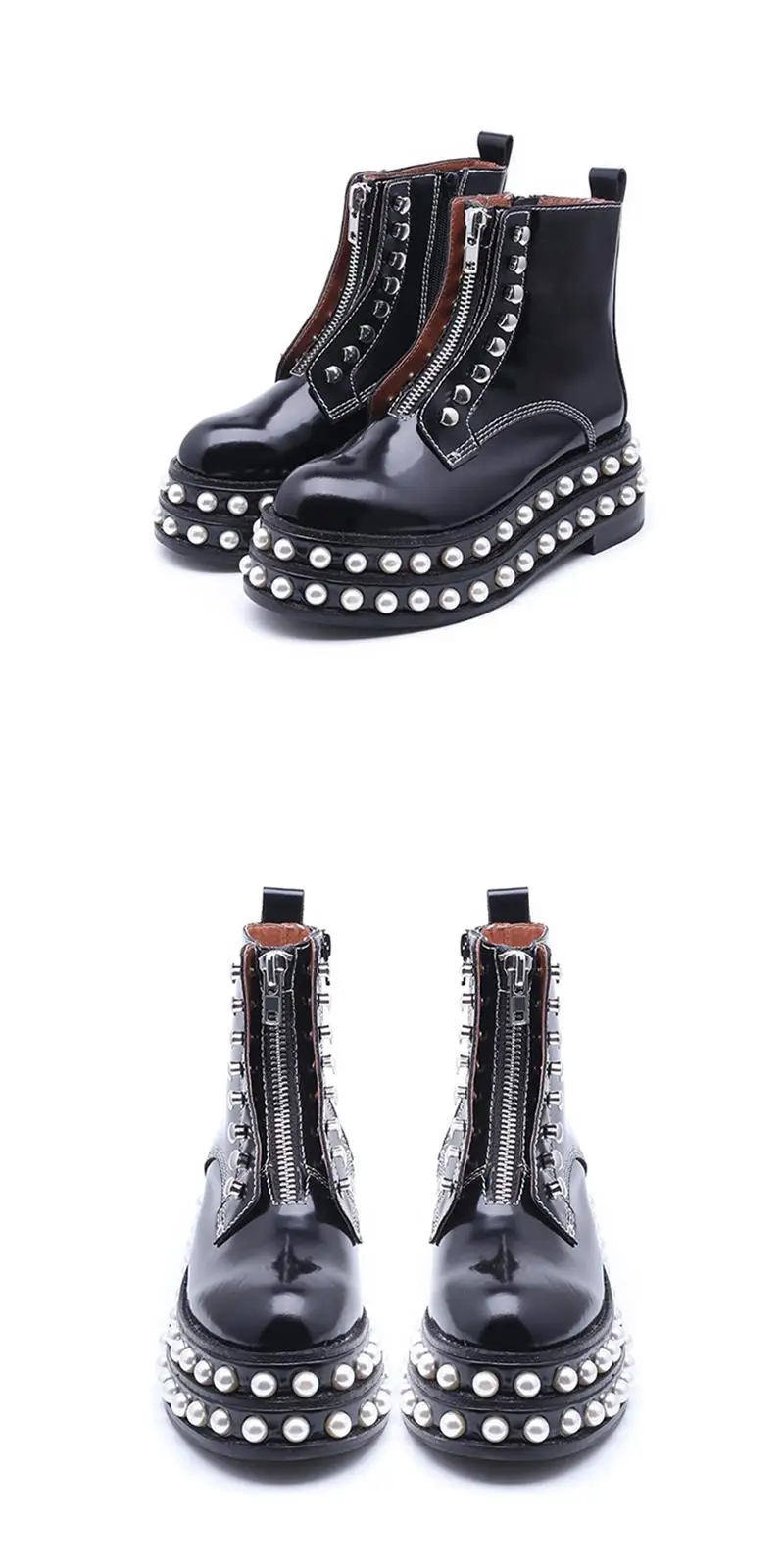Zapatillas mujer; коллекция года; зимние женские ботильоны на платформе с жемчугом; женские мотоциклетные ботинки черного цвета с круглым носком; женская обувь; Botas Feminina