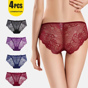 

4Pcs/lot Sexy Floral Briefs Lace Intimates G-string Full Lace Transparent Thong Low Waist Traceless Panties Ladies Panties