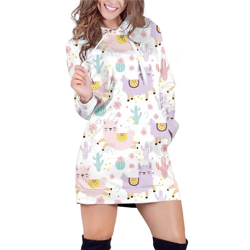 

OGKB 3D Animal Alpaca Print Oversized Hoodie Dress Women Long Sweatshirt Summer Kawaii Grass Mud Horse Casual Pullover Tracksuit