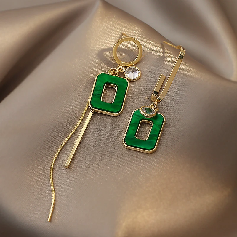 2025 neue Asymmetrische Grüne Quadratische Quaste Lange Ohrringe Koreanische Design Schmuck Mädchen Mode Zubehör Tropfen Ohrringe Für Frau – Detail 11