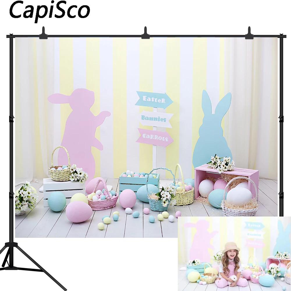 

Capisco Spring Easter Photography Backdrops Blue Pink Bunny Rabbit Colorful Eggs Yellow White Stripes photo Background