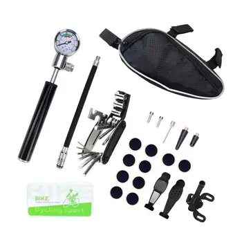 

Bicycle Repair Tools Kit - 140 PSI Mini Pump with Barometer Multi Tool Fix bag Including Glueless Puncture Repair Kit, Ball Need