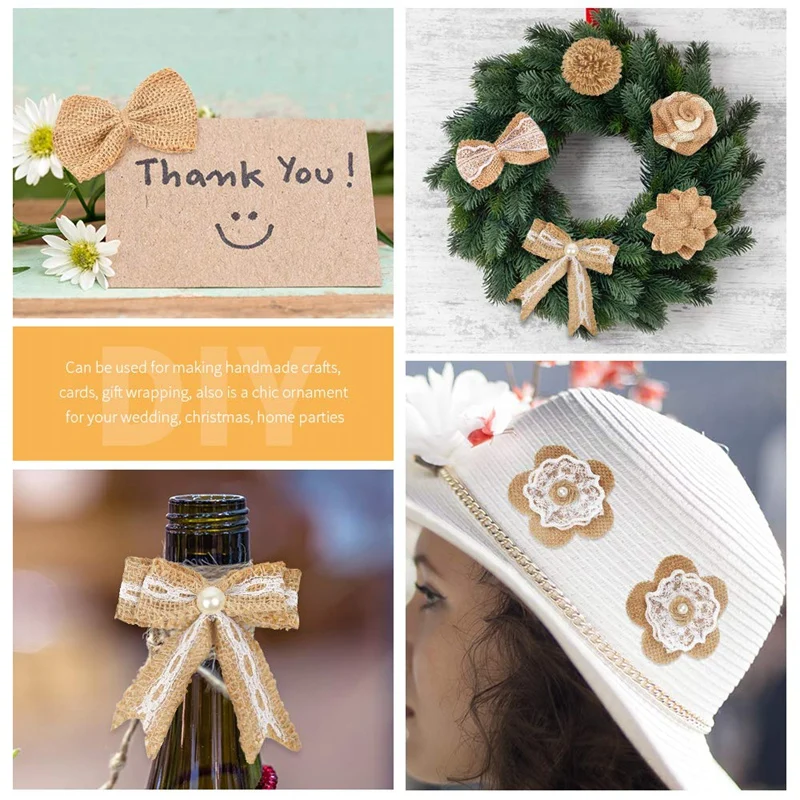 24Pcs Burlap Flowers,8 Styles Natural Handmade Rustic Rose Flower Bowknot With Faux Pearls For Diy Craft Bouquets Home Wedding C