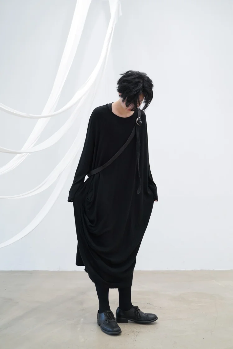 [EAM] женское черное длинное вязаное платье большого размера, новинка, круглый вырез, длинный рукав, свободный крой, мода, весна-осень 1H049