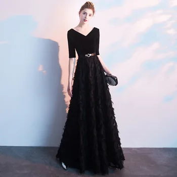 

Black PLUS SIZE 3XL Lady Qipao Elegant Half Sleeve Evening Party Gown Full Length Formal Party Dress Novelty Vestidos De Festa