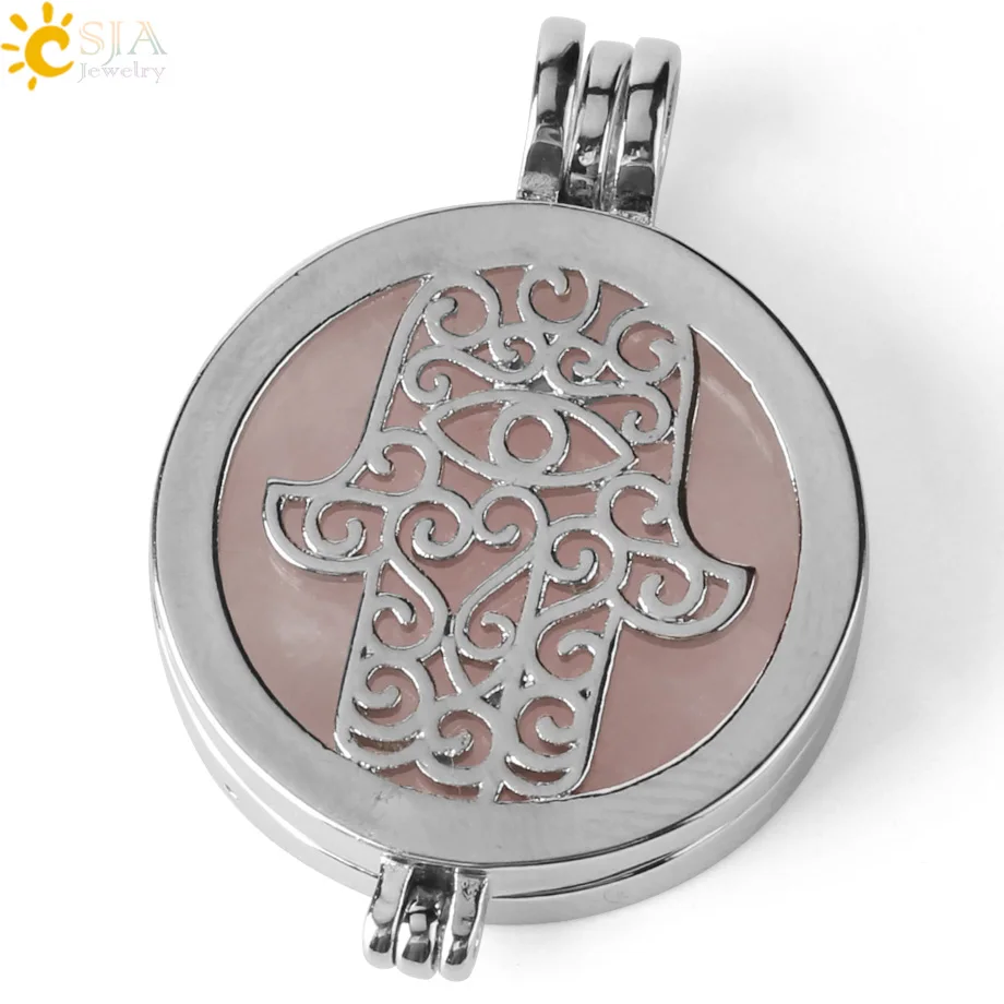CSJA натуральный камень медальон Подвески ожерелье s Фатима мусульманская хамса руки эфирное масло диффузор колье с целебным кулоном для женщин мужчин G309 - Окраска металла: Rose Quartz