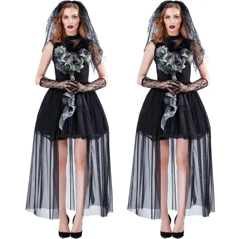 

Women Adult Horror Ghost Bride Sleeveless Dress with Wedding Veil Lace Gloves Halloween Cosplay Devil Vampire Witch Dark Costume