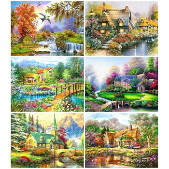 

HUACAN Landscape Diamond Painting Village Full Drill Square Diamond Art Embroidery House Cross Stitch Home Decoration