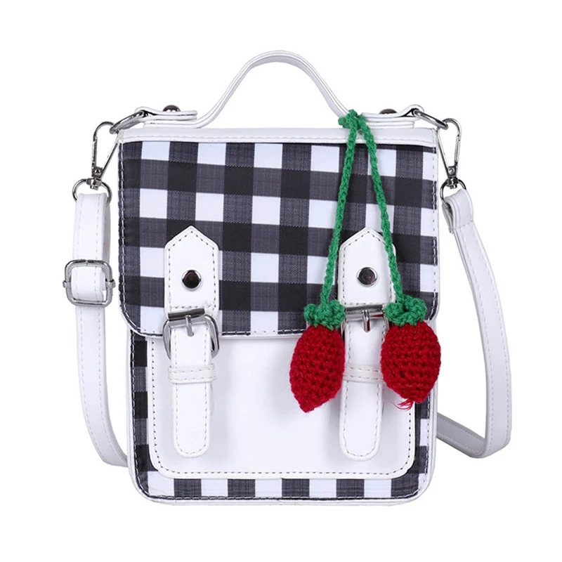 Korean Stitching Contrast Plaid Backpack Ladies Strawberry Shoulder Bag Women Fashion PU Messenger Backpack Double Use New