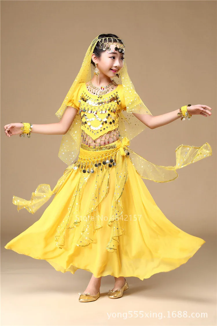 5 Colors Children's Day Belly Dance Stage Performance Baby Girl Kid Suit Oriental Indian Sequin Belly Costume Top Skirt Costume