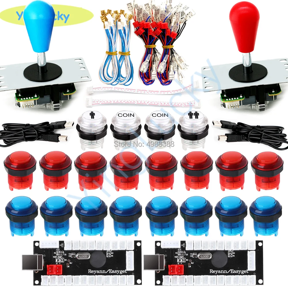 Arcade Joystick Game Parts DIY Encoder USB Oval Joystick 20 LED push buttons 1P 2P button with cable kit，for Arcade Video Games 