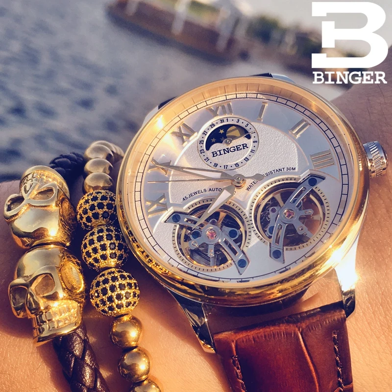 Швейцарские мужские часы, люксовый бренд, BINGER, модные, Montre, двойные Tourbillon, механические часы, мужские, фаза Луны, водонепроницаемые, светящиеся