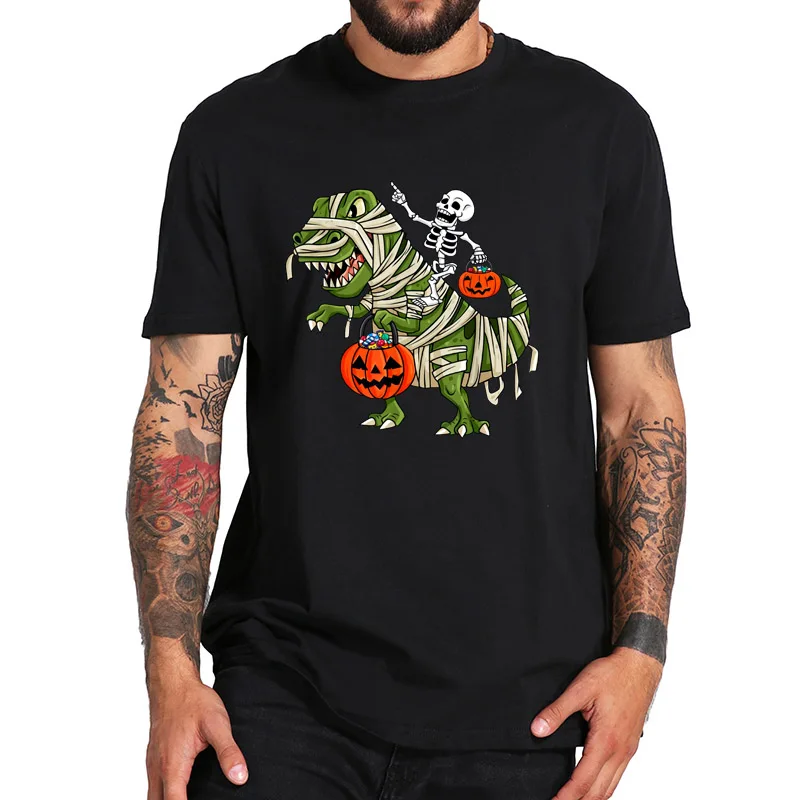 

Skeleton Riding T Rex T Shirt Halloween Pumkin Candy Funny TShirt EU Size 100% Cotton Crewneck Soft High Quality Tee Shirt