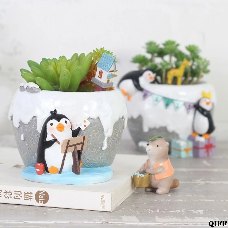 Penguin Cartoon Painting Resin Flower Pot Plant Container Home