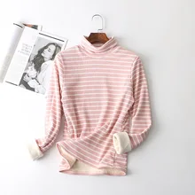 

Warm Turtleneck T Shirt Women Thick Striped Casual Long Sleeve Shirt Women Korean Fashion Clothing Tee Shirt Femme