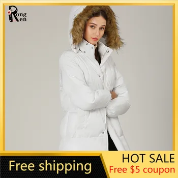 

2020 New Korean White for Women Mid-Length Cotton Jacket Casual Hooded Fur Collar Quilted Cotton Winter Clothes White Parkas