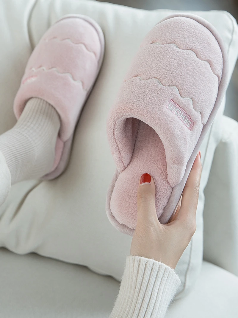 Women Winter Home Slippers Solid Non-slip Warm Indoors Bedroom Floor Shoes Plush Slippers Couple Faux Fur Slides Flip Flops