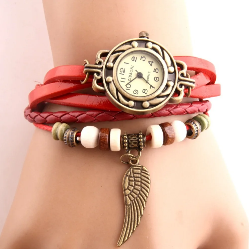 Relojes Vintage de imitación de cuero para mujer, reloj de pulsera informal con cuentas de madera y escultura de ala, femenino - Imagen 2