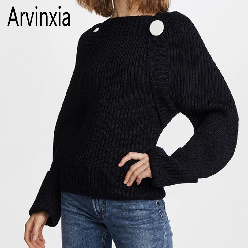Arvinxia/модные однотонные женские вязаные свитера с длинными рукавами, сексуальный женский базовый свитер с пуговицами, пуловер с круглым вырезом