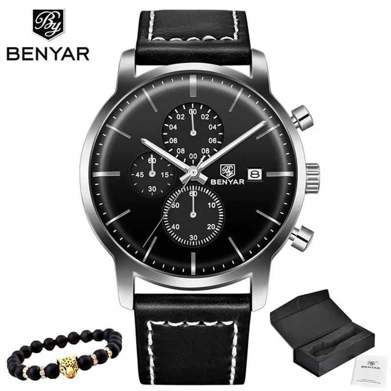 New Benyar Men Watches Casual Fashion Chronograph30M Waterproofsport Watches Men Leather-2