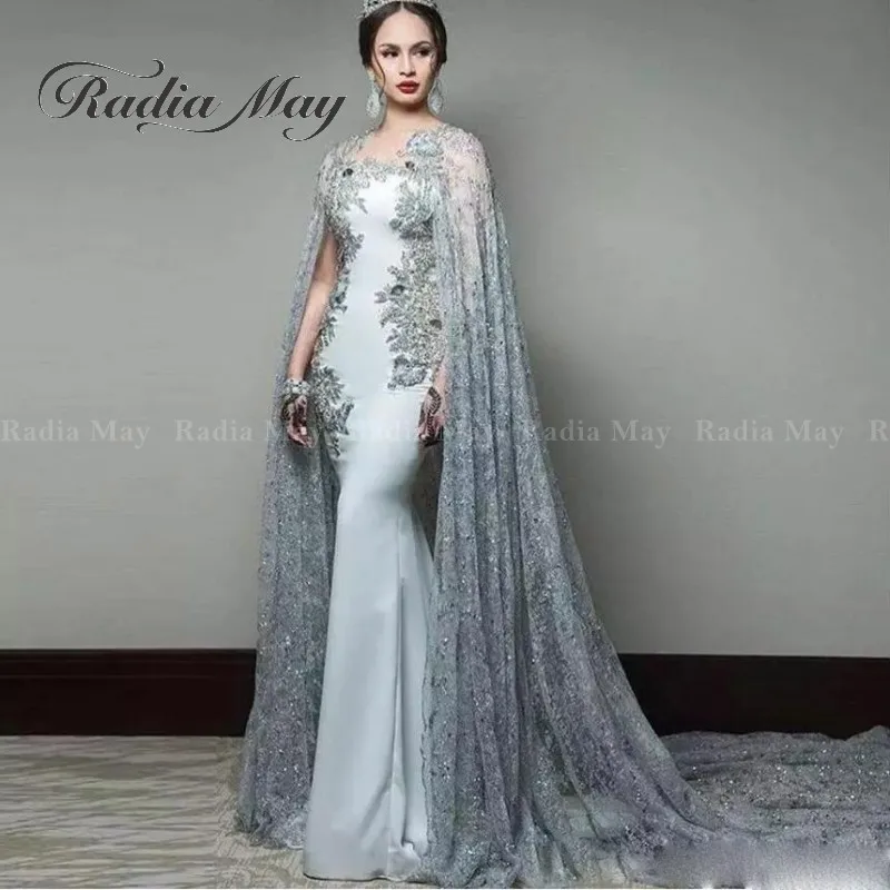 

Arabic Silver Gray Lace Mermaid Evening Dress With Cape Appliques Beaded Dubai Women Formal Evening Party Gowns Robe de Soiree