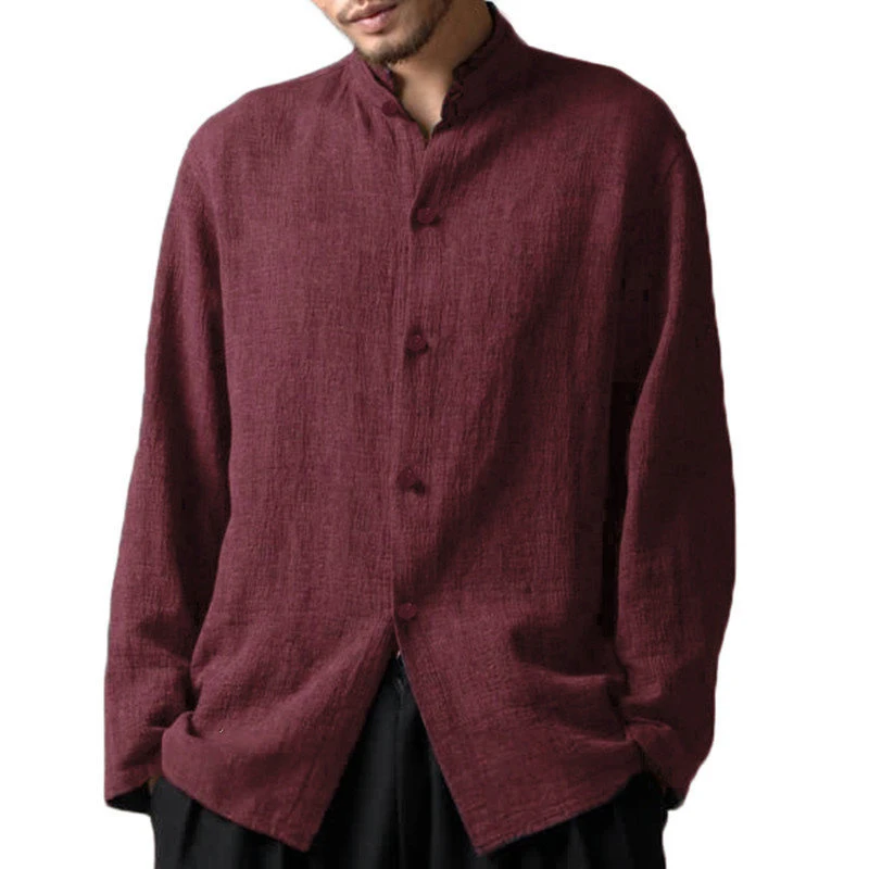 Spring Plus Size Men's Baggy Solid Cotton Linen Long Sleeve Button Shirts S-5XL Stand Collar Mens Casual Loose Tops Shirt