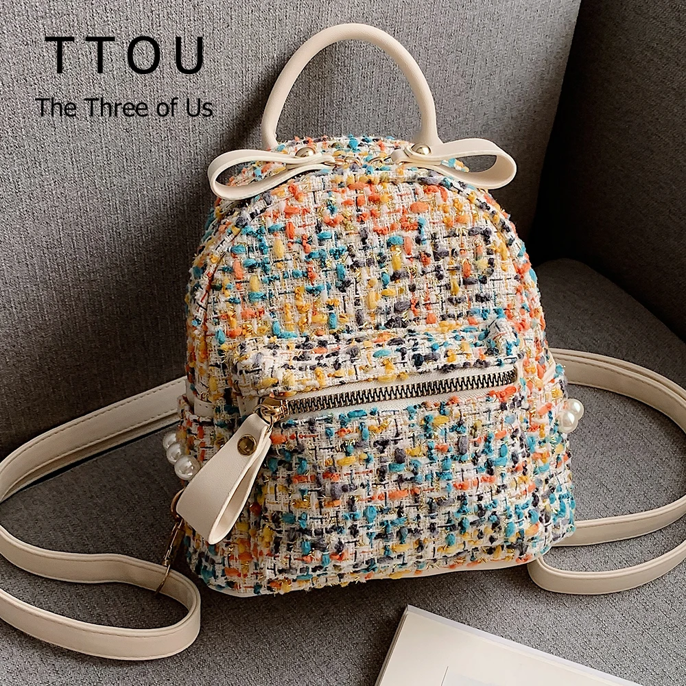 

Designer Mini Backpack for Women Colorful Wool Shoulder Bags for Teens Faux Pearl Pendant Fashion Bagpack Ladies School Bags