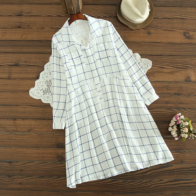 

Mori Girl Line Retro Literature And Art Hipster Plaid Fold-down Collar Medium-length Dress Shirt Dress Short-sleeve Dress 44941