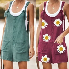 Women Rompers Summer Casual Loose Sleeveless Jumpsuit Button Pocket Suspenders Bib Short Pants Playsuits Overalls Plus Size 5XL