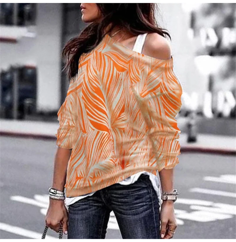 Autumn Winter Women T Shirts Geometric Long Sleeve Tee Shirt Top Sexy One Shoulder Female Plus Size Streetwear Ladies - Цвет: Оранжевый