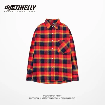 

Japanese Lattice Men Shirt Button Red Loose Casual Shirt Men Long Sleeve Vintage Kemeja Pria Party Mens Clothing Autumn MM60NCS