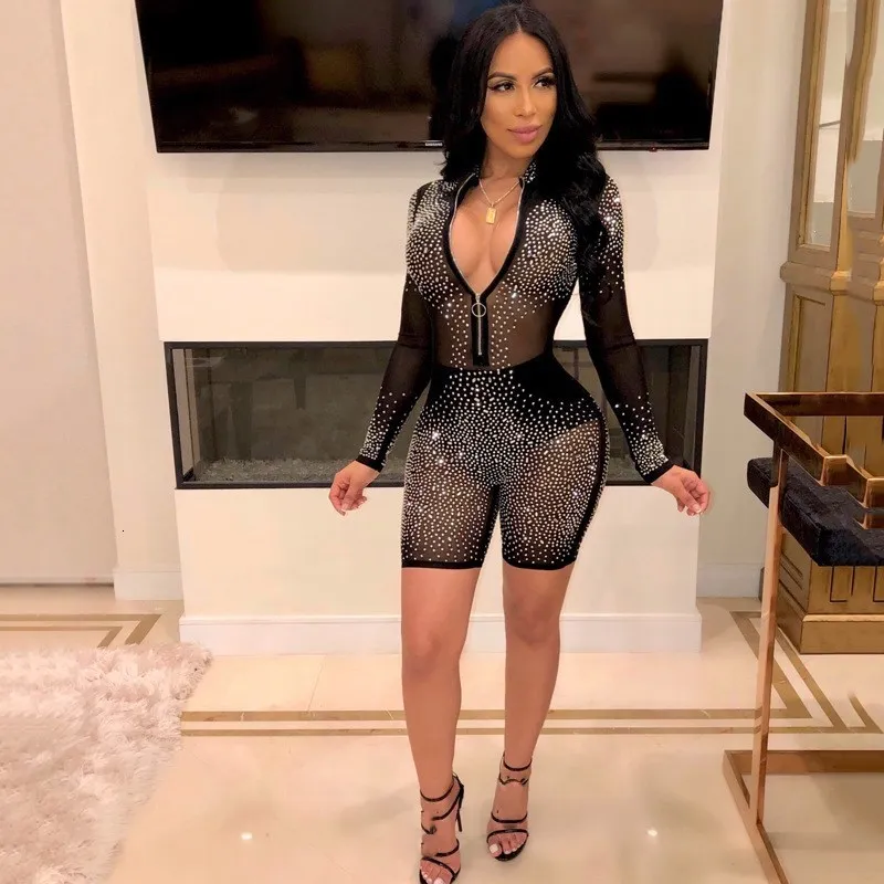 Rhinestone V Neck Mesh Jumpsuit Women Romper Long Sleeve Bodycon Playsuit Elegant Zip Sexy See Through Bodysuit