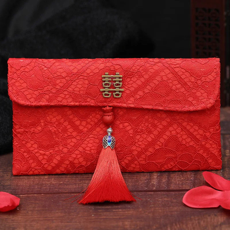 2 шт./лот, китайская ткань из парчи с кисточками и узлом, украшенная вышивкой, для свадьбы/нового года, красный конверт, счастливые сумки